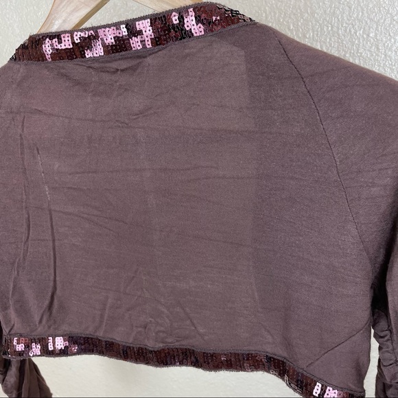 Rampage | Vintage Y2K Sequin Brown Rouched 3/4 Sleeve Crop Bolero Shrug Cardigan - Picture 5 of 8